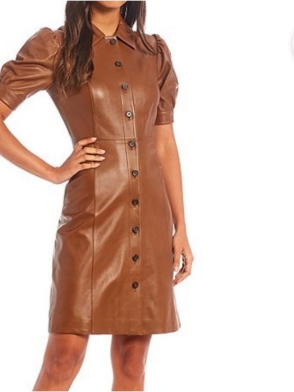 ANTONIO MELANI Tan Brown Leather Button-Front Dress
